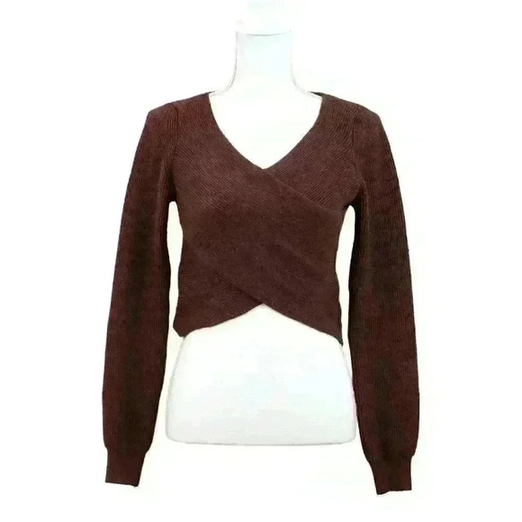 House of Harlow 1960 Brown Cropped Long Sleeve Cross Front Sweater Size Small - Picture 1 of 6